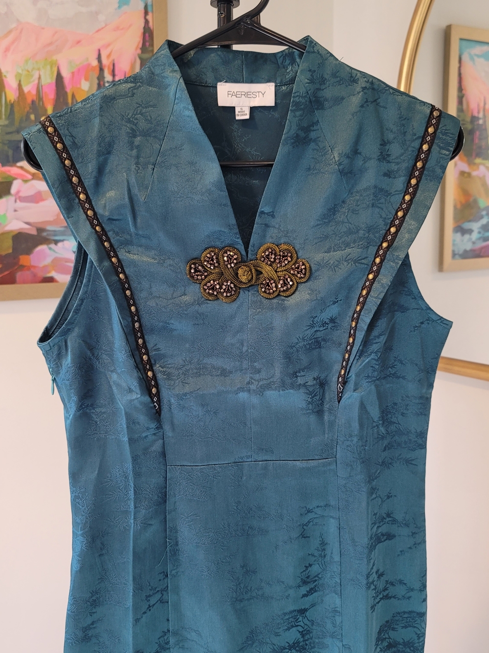 NWOT FAEREISTY Teal Brocade Chinese Midi Dress Size S